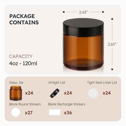 4 oz Glass Jars with Lids, 24 Pack Amber Small Glass Jars with Black Lids Leakproof Round Airtight Empty Cosmetic Travel Containers with Inner Liners For Lotions Powders and Candle Making