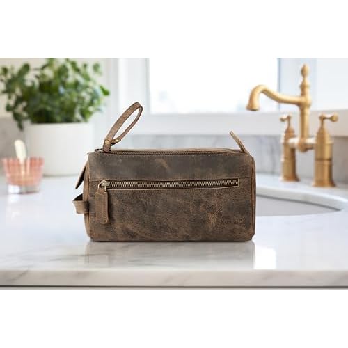 KomalC Premium Buffalo Leather Toiletry Bag for Men & Women ? Leather Dopp Kit With Water resistant Lining, Premium Toiletry Travel Pouch, Unisex Wash Bag for Toiletries, Gifts for Men and Women