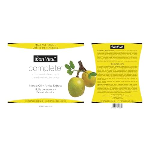 Bon Vital Complete Massage Creme, 1-Gallon, Unscented Non-Greasy Cream with Marula, Olive & Jojoba Oils, Hypoallergenic Moisturizer for Professional or Home Use, Premium Dual-Purpose, Massage Therapy