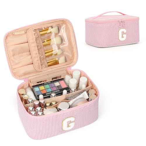 OCHEAL Makeup Bag for Women, Monogram Cosmetic Bag with Brush Holder, Pink Travel Makeup Case Beauty Toiletry Bag Organizer Personalized Gifts for Girls Bridesmaid, Sister, Wife, Friends Initial G