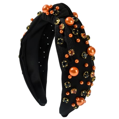 Halloween knotted Headband for Women Fashion Black Rhinestone Pearl Headband Hair Accessory, Costume Party Outfits Gifts