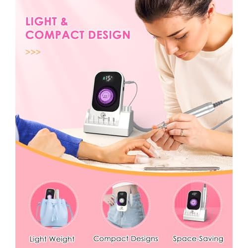 Portable Nail Drill Electric File: 40000RPM Professional Rechargeable Nail E-File Machine, Cordless Nail Drill with Bits & Base for Acrylic Nails Remove Nail Gel Polish Manicure for Salon Home, White