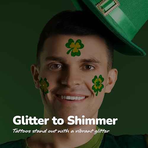 ArtCreativity St Patrick¡¯s Day Tattoos with Glitter - Set of 50 - Individual Temporary Shamrock Tattoos in 5 Designs - St. Patrick¡¯s Day Party Favors - St Patty¡¯s Accessories