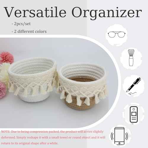 2Pcs Crochet Glasses Holder for Nightstand Macrame Knit Eye Glass Organizer Mini Storage Basket Stand with Tassels for Eyeglass Makeup Brush Desk Table Office