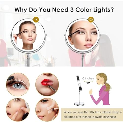 Lighted Makeup Mirror, 3000 mAh Rechargeable Double Sided Magnifying Vanity Mirror with 3 Colors, 1x/10x, 360¡Æ Rotation , Brightness Adjustable Magnification Cosmetic Light up Mirror, Women Gift