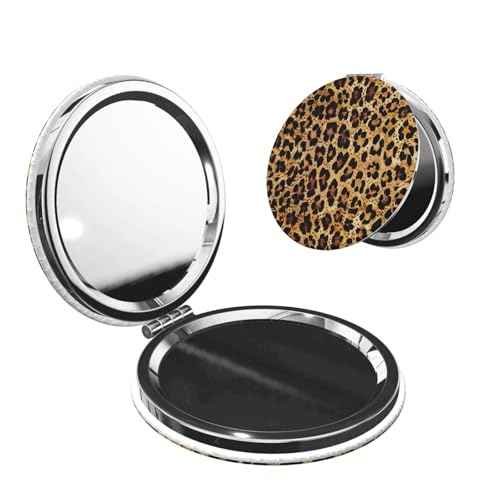 Cheetah Leopard Brown Print Foldable Travel Pocket Mirror Round PU Leather Portable Mini Makeup Double Sided Handheld Magnifying,2.6 in
