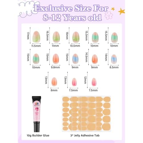 78PCS Press on Nails for Kids, TOROKOM Cute Kids Fake Nails Flower Kid Glue on Nail Short Almond False Nail Art Gift for Girls Children 8-12 Age with Nail Adhesive Tab & Quick-dry Nail Glue (3 Pack)
