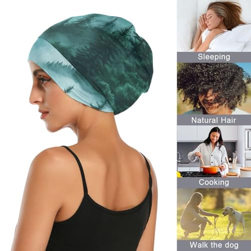 Beanie Hat Satin Bonnet Lined Sleep Cap Hair Wrap Cover Slouchy Beanie for Curly Hair Protection for Gifts for Men Women Foggy Green Mountains and Pine Trees