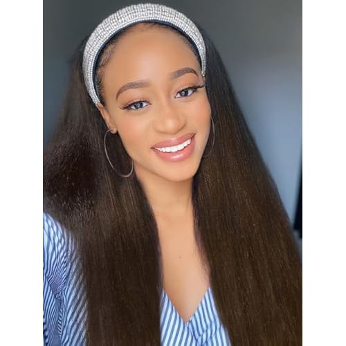 Julia Hair 12A Headband Wig Human Hair Yaki Straight Glueless None Lace Half Wig With Pre-attached Scarf Ombre Chestnut Brown Highlight With Dark Roots for Black Women Put on and Go 18 Inch