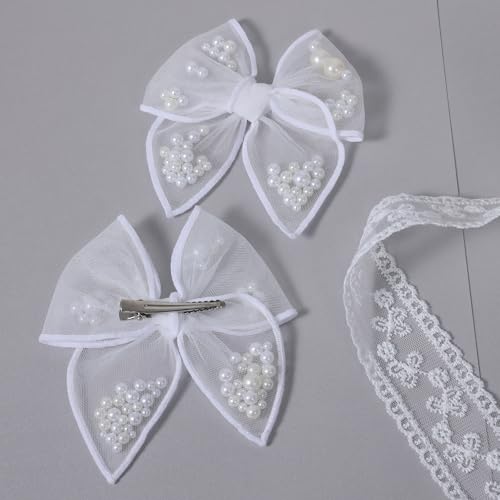 White Pearl Fable Hair Bow Clips for Flower Girls Wedding 4" Mesh Tulle Ribbon Shaker Bow Alligator Hairpins Toddlers Kids Pageant 1st Communion Party Dress Decor Accessory Gift