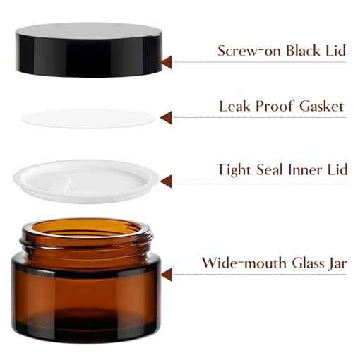 TUZAZO 1oz Glass Jars with Lids, 4 Pack Small Amber Glass Jars with Inner Liners & Stickers Refillable Empty Cosmetic Containers for Creams, Lotions, Body Butters, Powders