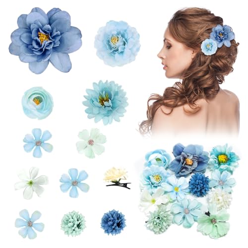 Hair Clip Decorations, 12Pcs Silk Flower Hair Clips, Misty Blue, for Women's Hair Decorative, Beach Party, Wedding, Daily Use