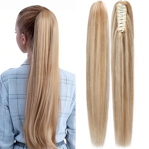 Rich Choices Claw Clip Ponytail Extension Human Hair Real Hair Ponytail Balayage Golden Brown Highlighted Bleach Blonde 16 Inch 105g One Piece Clip In Long Ponytail Hair Extension For Women #12P613