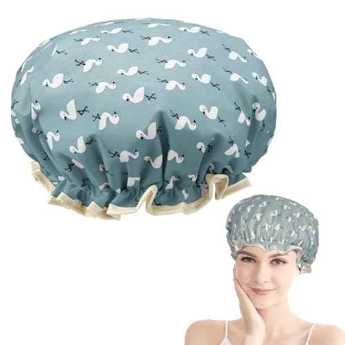 Double Layer Shower Cap for Women Waterproof Reusable Elastic Band, Ruffled Edges Covering Ears for Long, Short & Curly Hair (Blue Bird)
