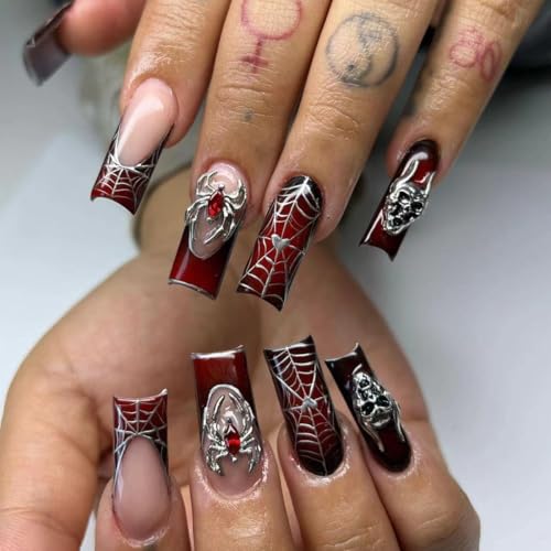 Halloween Square Press on Nails Long Wine Red Fake Nails with 3D Spider Skull Designs Glossy French Tip Glue on Nails Full Cover Halloween Stick on Nails Medium Artificial Nails for Women, 24Pcs