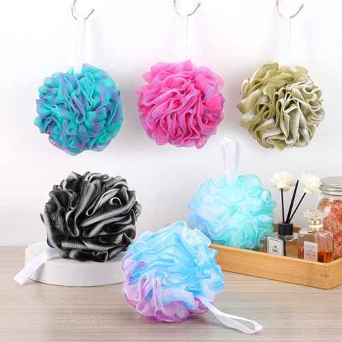 BTYMS 75g/Pc Large Loofahs Shower Sponge, Exfoliating Body Scrubber Shower Scrunchies Mesh Pouf Bath Sponges - Pack of 6