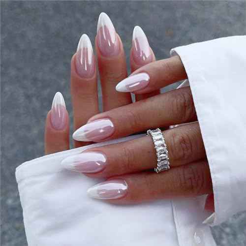 French Tip Press on Nails Almond Fake Nails Press ons with Designs Chrome False Nails Medium Glossy Full Cover Glue on Nails French Acrylic Stick on Nails for Women Nail Manicure Decoration 24Pcs