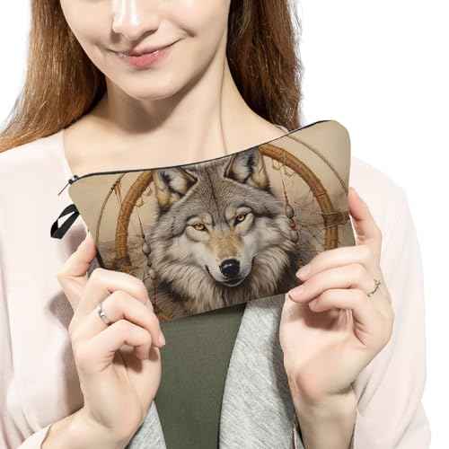 Wolf Dreamcatcher Makeup Bag Wild Wolf Small Cute Organizer Bag Zipper Pouch Wolf Print Cosmetic Bag Present for Wolf Lovers Women Friends