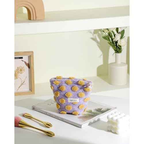 LETGO Fuzzy Makeup Bag Quilted Cosmetic Bag Puffy Coquette Makeup pouch Aesthetic Cotton Fleece Purple Travel Toiletry Bag Organizer Makeup Brushes Storage Bag for Women (Purple-Small)