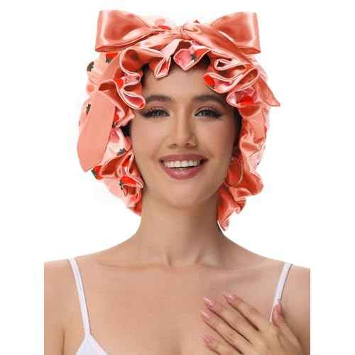 Silk Bonnet for Sleeping Women, Satin Hair Shower Cap 2025 Tie Band Adjustable Straps Head Wrap for Curly Hair Strawberries F