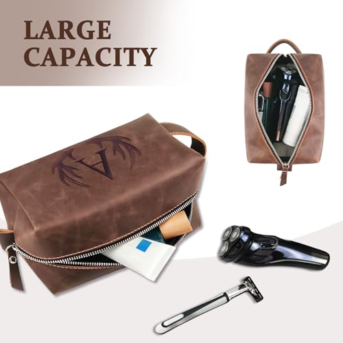 Unique Fathers Day Birthday Gifts Engraved Initial Travel Toiletry Bag for Men Personalized PU Leather Waterproof Shaving Bag for Toiletries Accessories Travel Essentials for Him (J)