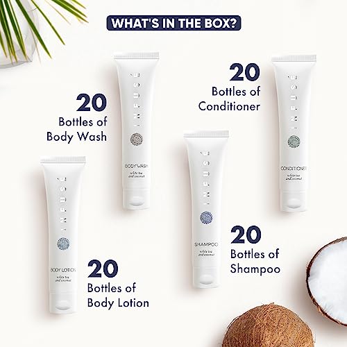 Infuse White Tea & Coconut Hotel Toiletries Bulk Set | 1-Shoppe Amenities Kit | 1oz Shampoo & Conditioner, Body Wash, Lotion | Travel Size | 80 Pieces