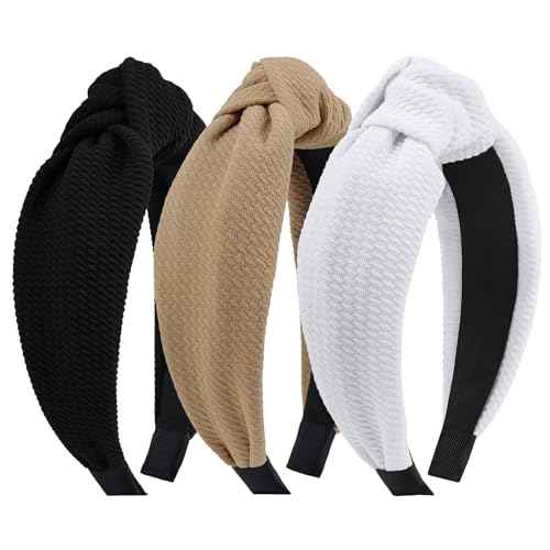 YanJie Knotted Headbands for Women and Girls Non Slip Hair Band Wide Bow Headband Fashion Waffle Head Band Hair Accessories Black and White 3PCS