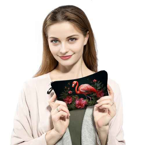 Flamingo & Red Flowers Cosmetic Bag Tropical Printed Design Makeup Organizer Vibrant Beach Vacation & Daily Travel Essential Unique Gift Idea for Summer Parties/Birthdays