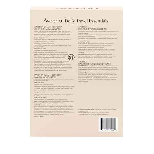 Aveeno Daily Travel Essentials Gift Set with Daily Moisturizing Lotion, Daily Moisturizing Body Wash, Calm + Restore Makeup Removing Wipes, & Calm + Restore Oat Gel Moisturizer, 4 items