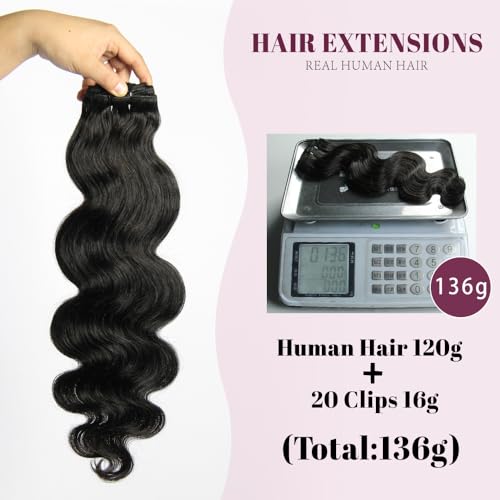 KRN Clip in, 135g 8 pcs Full And Thick Body Wave Hair Extensions Clip ins for Black Women 12A Natural Black Real Hair Extensions Clips in Human Hair with 20 Clips Easy to Wear 24 Inch
