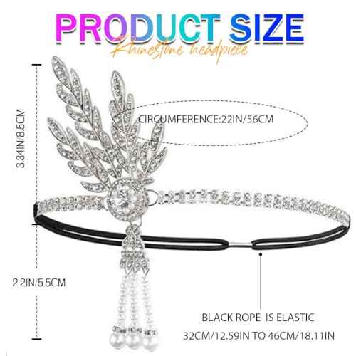 GORTIN 1920's Flapper Headband Leaf Rhiestones Headpiece Pearl Tassel Head Bands Bridal Flapper Hair Accessories Head Chain for Women (Sliver)