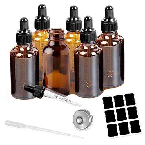 6 Pack 2oz Tincture Bottles With Dropper Amber Glass Dropper Bottle with Measured Eye Dropper Funnels,Labels,60ml Empty Bottle Brown for Homemade Vanilla Essential Oil,Tincture,Serum,Liquids