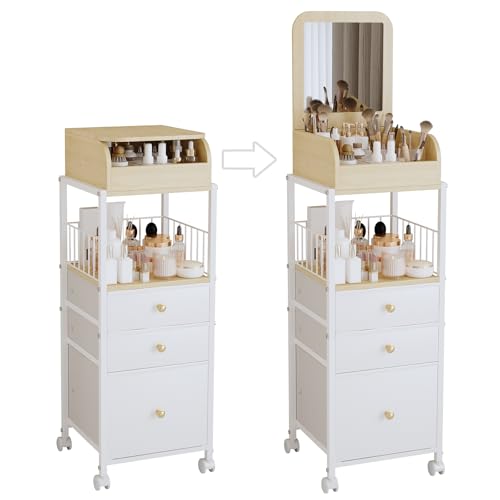 Makeup Organizer Cart with Vanity Mirror, Floor Skincare Organizers Make Up Organizers-Vanity Organizer Cosmetic Display Cases Holder for Skin Care Perfume Nail Polish Brush Hair Tool (White)