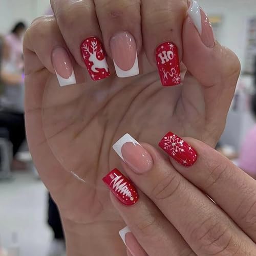 24Pcs Christmas Press-on Nails Medium Square Coffin Shaped White French Tip Nails Tips Full Cover Glue on Nails Xmas Tree Deer Snowflake Design Christmas False Nails