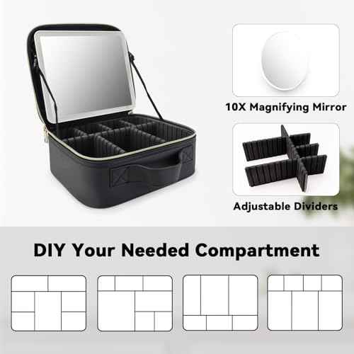 Travel Makeup Bag with LED Mirror and 10x magnifying glass with 3 Lighted Settings, Adjustable Dividers and Makeup Brush Storage Bag Black