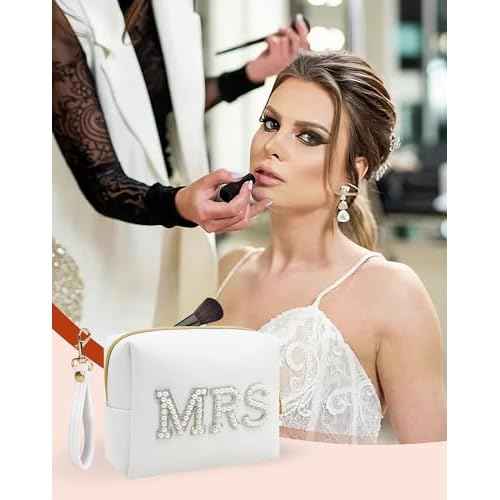 Fmeida MRS Patch Makeup Bag Bride Small Cosmetic Bag for Purse with Pearl Rhinestone Patches White PU Leather Detachable Handle Bride to be Gifts for Bachelorette Party Wedding Bridal Shower