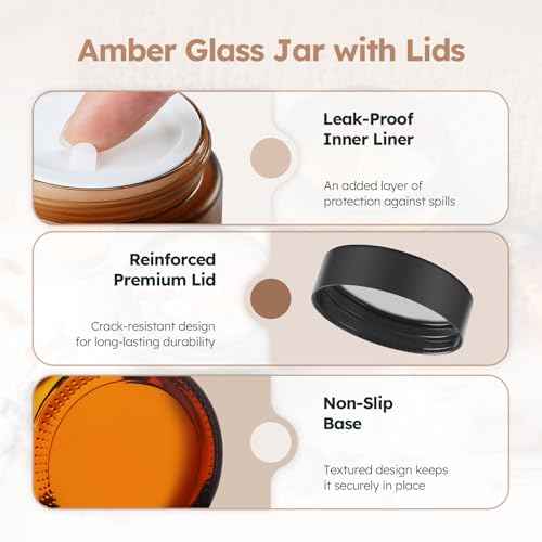 4 oz Glass Jars with Lids, 24 Pack Amber Small Glass Jars with Black Lids Leakproof Round Airtight Empty Cosmetic Travel Containers with Inner Liners For Lotions Powders and Candle Making