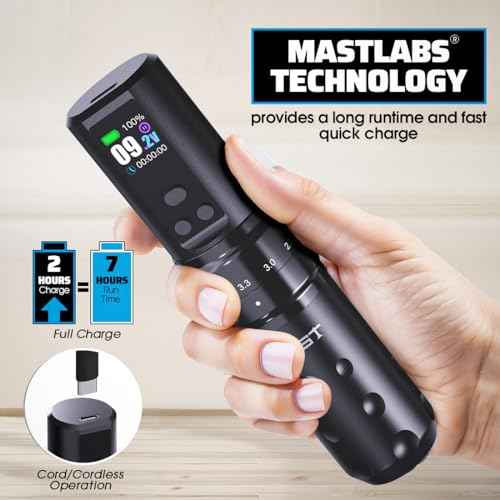 Mast Tattoo Fold2 Pro Wireless Tattoo Gun Rotary Pen Machine, Powerful Motor by Mcore, Smart Display, 7 Strokes Length for Pro Artists (Black)