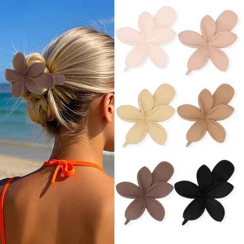 YISSION 6 Pcs Flower Flat Hair Clips for Women Matte Flat Claw Clips Duck Billed Flower Hair Clip for Thin Thick Hair hawaiian flowers Claw Clip Hair Accessories for Women Girls (Neutral Colors)