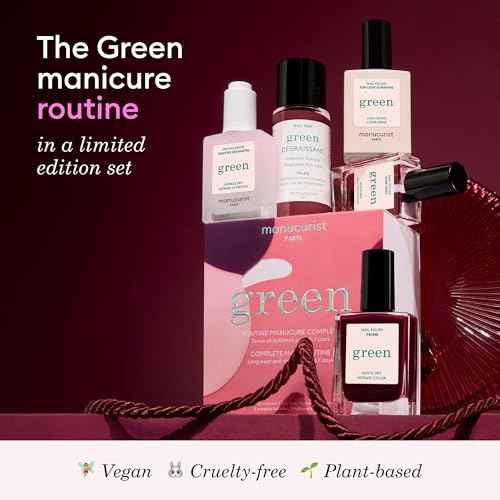 Manucurist Green¢â System Set with Plum - Professional Vegan Plant-Based Manicure Kit: 1 Degreaser, 1 Base Coat, 1 Nail Polish Dark Wine, 1 Top Coat, Dried Drops - Gifts for Women