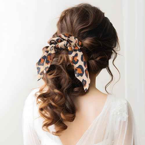 4 Pcs Leopard Hair Scarf Scrunchies Bow Scrunchie For Women Hair Ribbon Bow Scrunchies Long Elastic Hair Bands Rope Scrunchy Soft Ponytail Holders for Women Girls