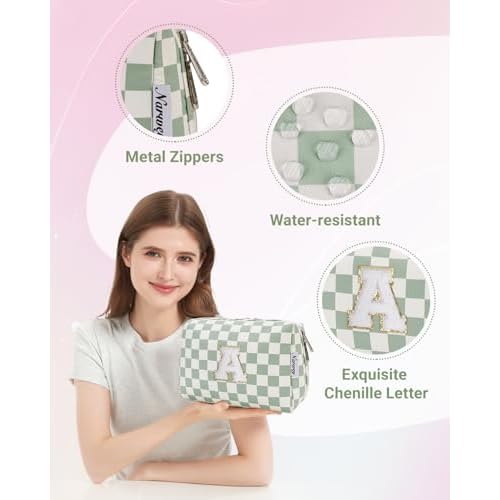 Narwey Initial Makeup Bag for Teen Girls Kids Trendy Stuff 6 8 10 11 12 13 14 16 18 Years Old, Personalized Monogram Cosmetic Toiletry Bag, Birthday Gifts for Women Tween (Green A)