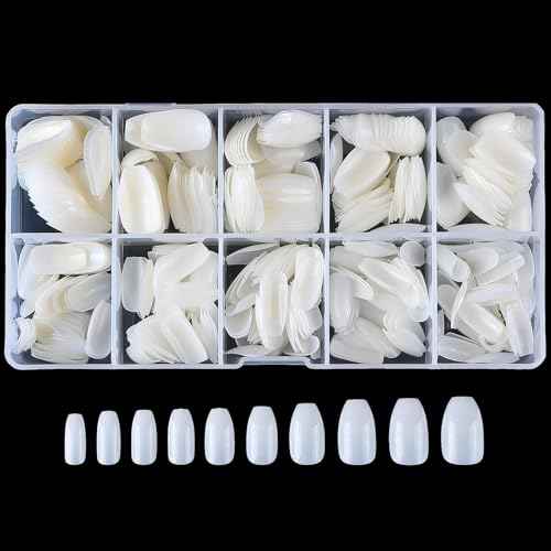 Acrylic Nails Tips Short Coffin 500PCS Ballerina Artificial False Nail Tip Full Cover 10 Sizes with Box for Art Salons & Home DIY (Natural)