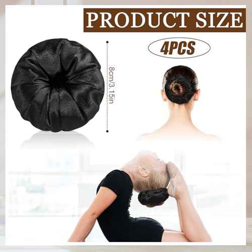 4 Pcs Satin Hair Bun Donut Satin Hair Bun Maker Dark Retain Moisture Easy to Style for Women Ladies Military Ballet and Business(Black)