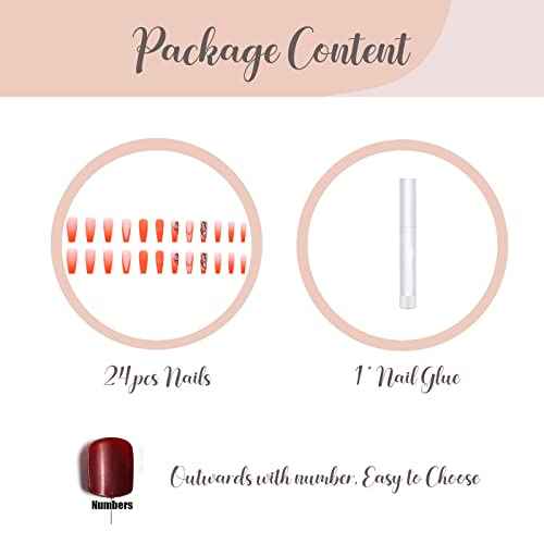 BABALAL Coffin Press on Nails Long Fake Nails Orange Matte Glue on Nails Butterfly Ballerina Acrylic Nails 24Pcs with Summer Nails Designs Full Cover Nails