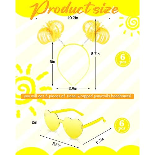 12 Pcs Pom Pom Headband Tinsel Wrapped Ponytail Headband with Heart Sunglasses Costume Halloween Cosplay Hair Party Accessory(Yellow)