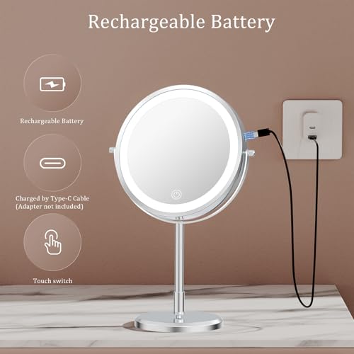 7¡± Magnifying Mirror with Lights,1X/10X Double Sided Lighted Makeup Mirror with Magnification, Rechargeable Battery, Dimmable, 3 Lighting Colors, Chrome