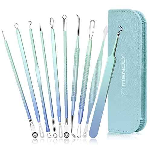Blackhead Remover Tools MENOLY 10Pcs Pimple Popper Tool Kit, Blackhead Remover Extractor Tools, Acne Kit for Blackhead,Blemish,Zit Whitehead and Comedone Extractor Tool with Leather Bag
