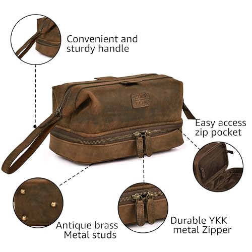 LEATHER VILLAGE Genuine Leather Dopp Kit ? Large Travel Toiletry Bag with Waterproof Lining, Dual-Zip Design for Men & Women, Organizer for Shaving, Makeup & Essentials - Brown