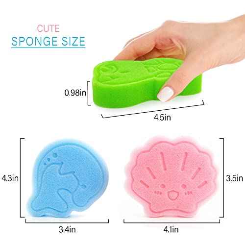 Baby Bath Sponge, Natural Cute Shapes Soft Shower Sponges for Bathing, Bathtub Foam for Infants and Toddler, 3pcs : Blue Dolphin, Pink Shell, Green Turtle